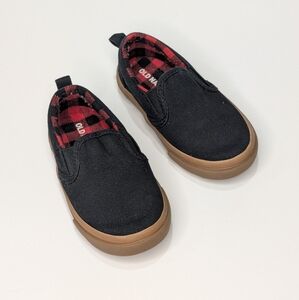 Old Navy Black Canvas Slip-Ons with Red Plaid Lining
